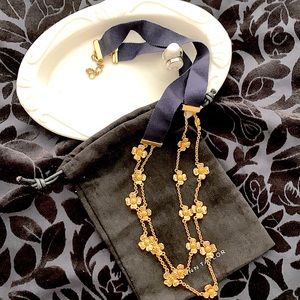 NWOT-- Ann Taylor Navy Ribbon Double and Gold Floral Statement Necklace